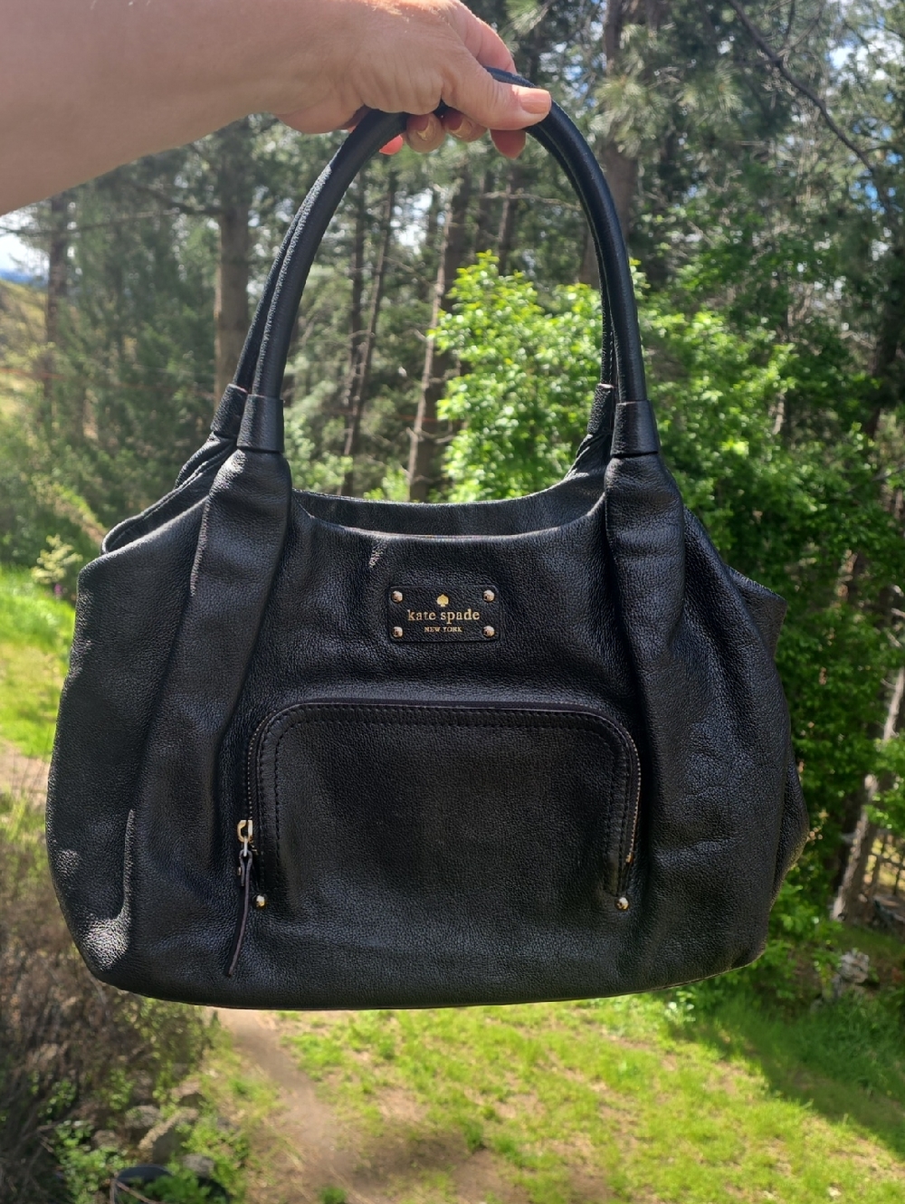 kate spade Black Leather Shoulder Bag with Front Zip Pocket
